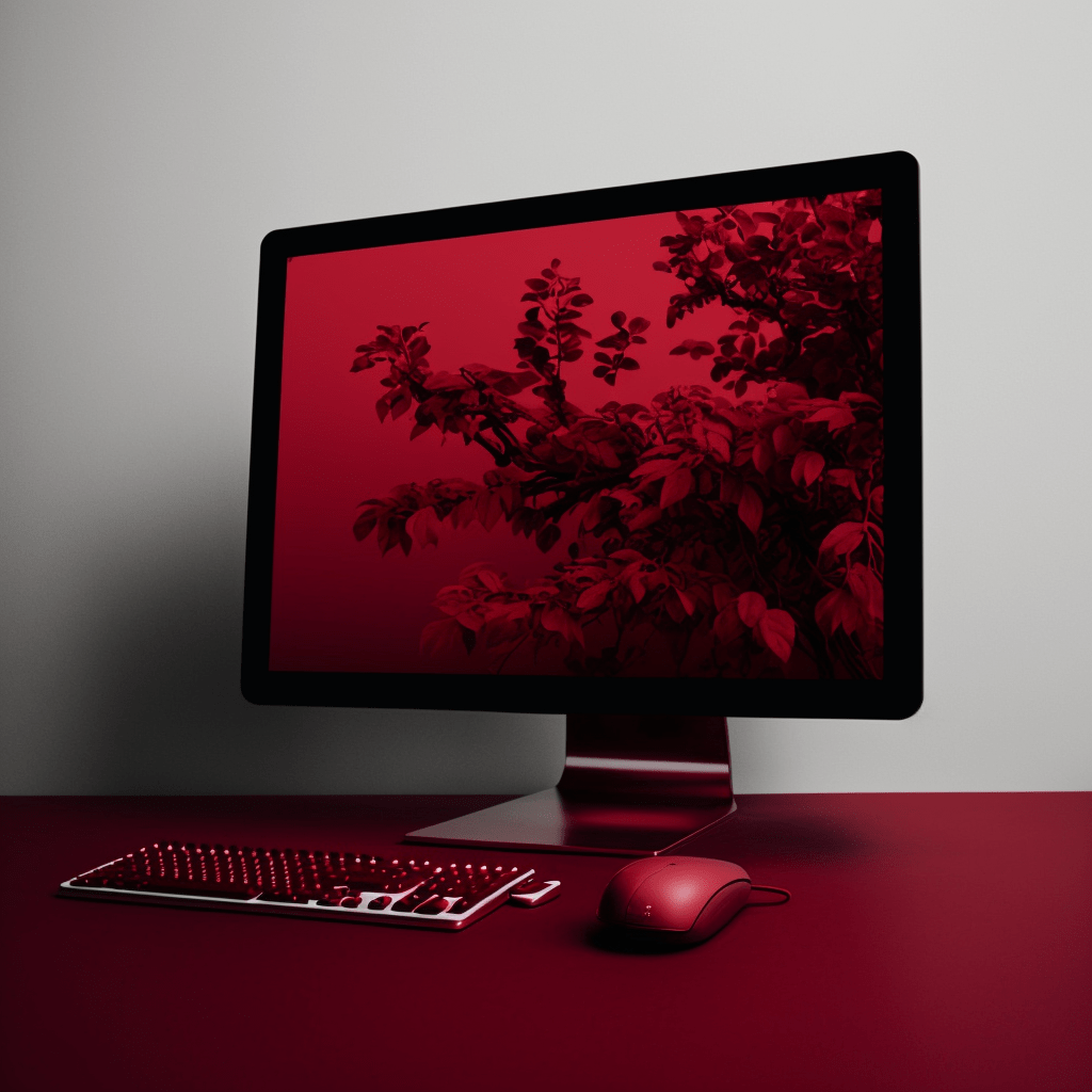 Michaela Werner DSGN digital Computerbildschirm mit Tastatur und Maus in Crimson Rot , zeigt einen Baumäste mit Blättern