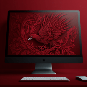 Michaela Werner DSGN digital Computerbildschirm mit Tastatur und Maus in Crimson Rot , zeigt einen Vogel